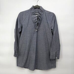 Mud Pie Tunic Top Ruffle V-Neck Chambray Blue Casual Blouse Linen Look Small